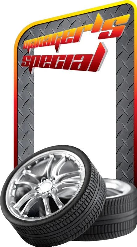 Manager's Special sign with diamond plate border and car tires, ideal for auto shop promotions