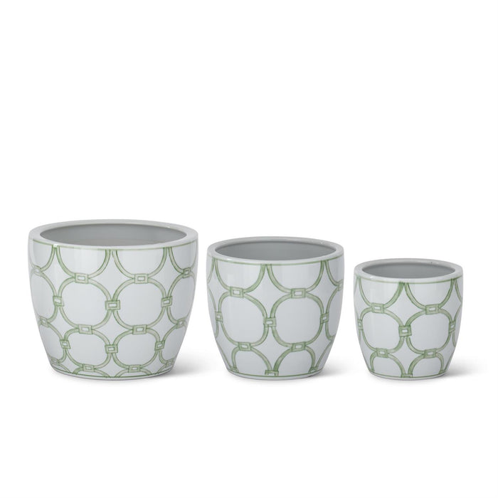 Medium Ceramic Pots with Drains - Green & White