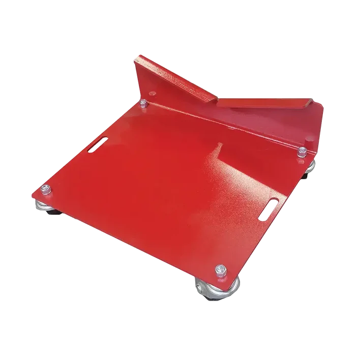 Red metal Merrick engine dolly with swivel casters for engine transmission combo