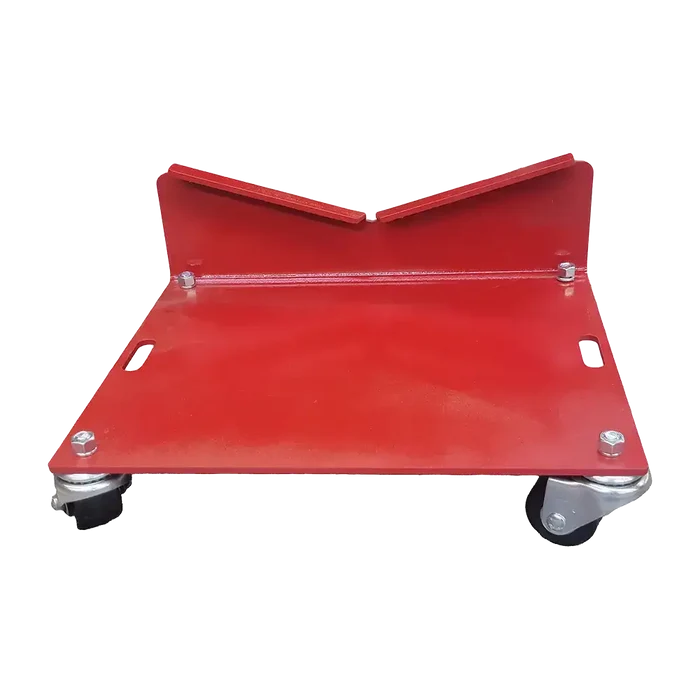 Red motorcycle wheel dolly with casters, perfect for merrick engine dolly and engine transmission combo
