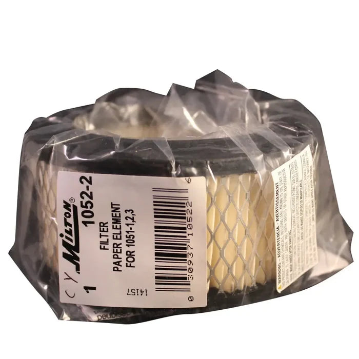 Cylindrical Milton 1052-2 air compressor filter in packaging for pneumatic accessories