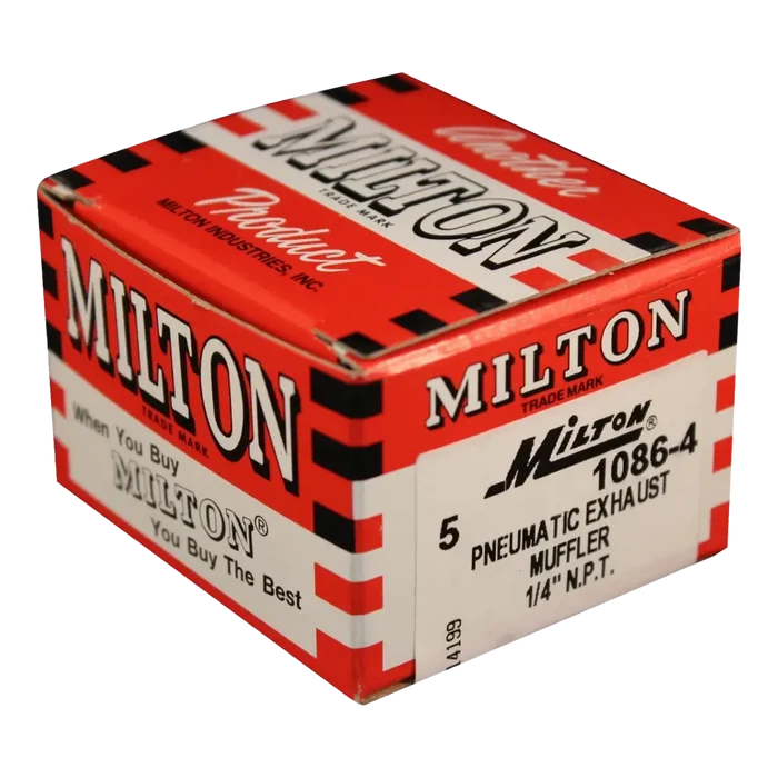 Red and white cardboard box for Milton pneumatic exhaust mufflers.