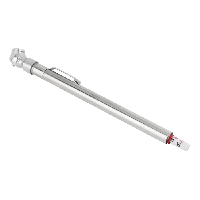 Metallic bicycle pump with a red tip and silver body.