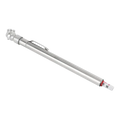 Metallic bicycle pump with a red tip and silver body.
