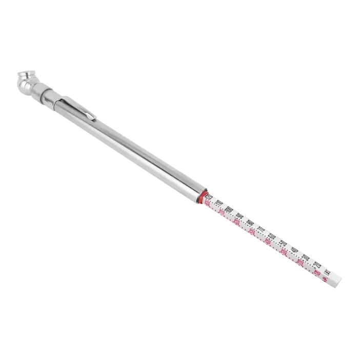Stainless steel torque wrench with a measurement scale visible on its shaft.