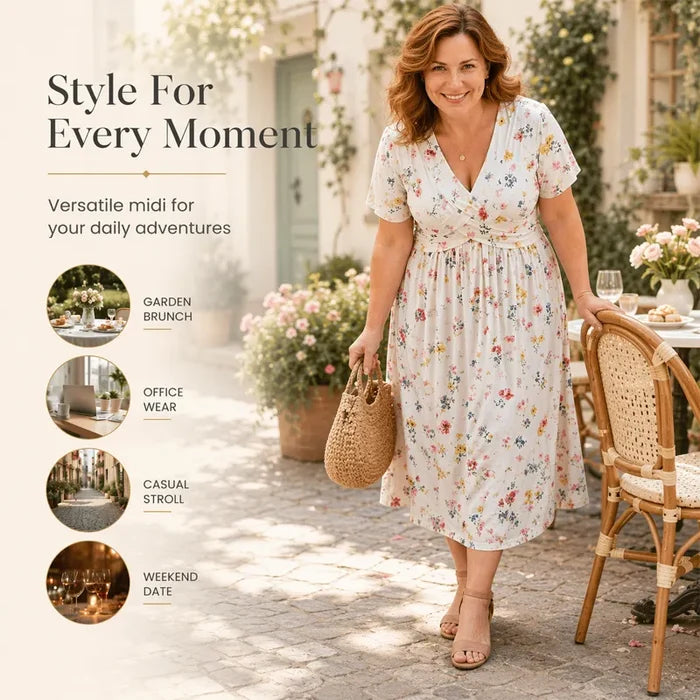 Moteriška gėlėta suknelė su V formos iškirpte ir aptemptu juosmeniu-LT