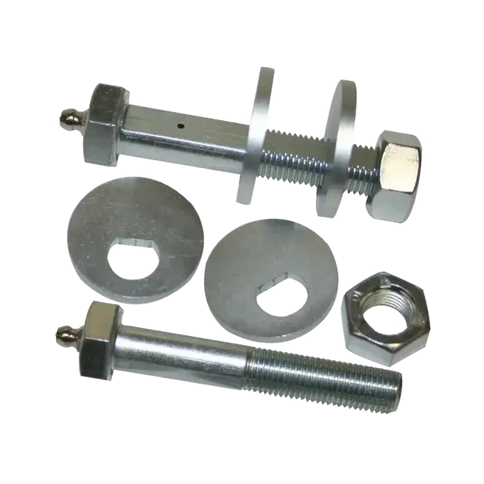 Silver-colored greaseable cam bolts and washers for Kia Northstar rear cam bolt pair