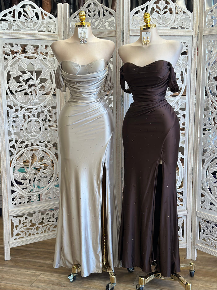 Off Shoulder Bedazzled Gown- Estira , Stretchy