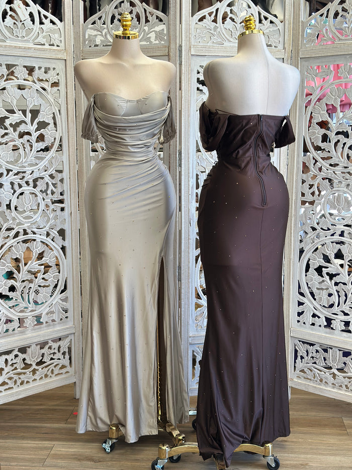 Off Shoulder Bedazzled Gown- Estira , Stretchy
