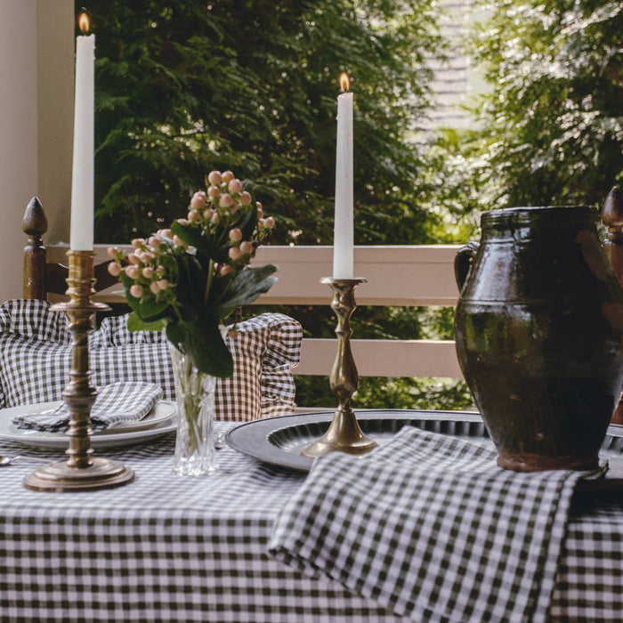 Olive Gingham Check Linen Tablecloth, 60" x 90" on a table at Addison West