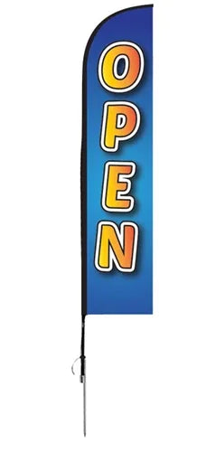 Blue feather flag with bold 'OPEN' lettering for storefront visibility and business promotion