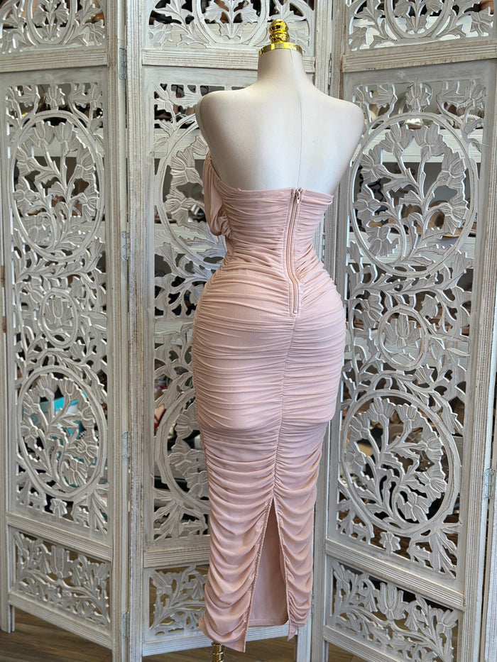 Pastel Pink Wrapped Midi Dress - Estira, Stretchy