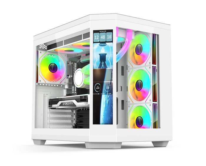 PC Case - Gaming | IONZ APEX Vision - ATX Mid Tower, Dual Chamber with 4 ARGB PWM Fans - LCD Screen | Black