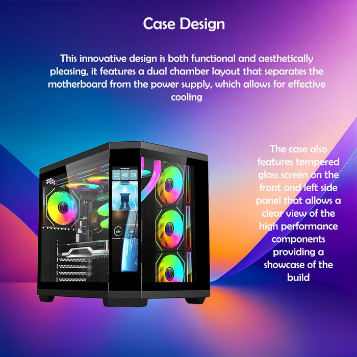 PC Case - Gaming | IONZ APEX Vision - ATX Mid Tower, Dual Chamber with 4 ARGB PWM Fans - LCD Screen | Black