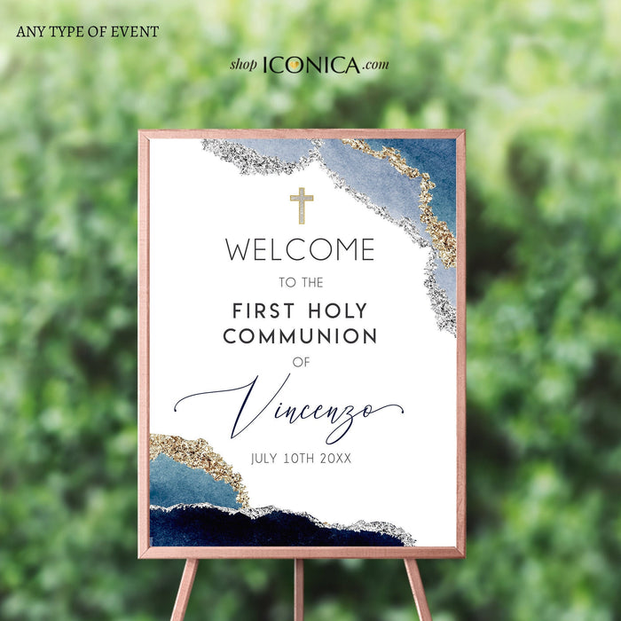Personalized First Communion Welcome Sign | Navy Blue Geode