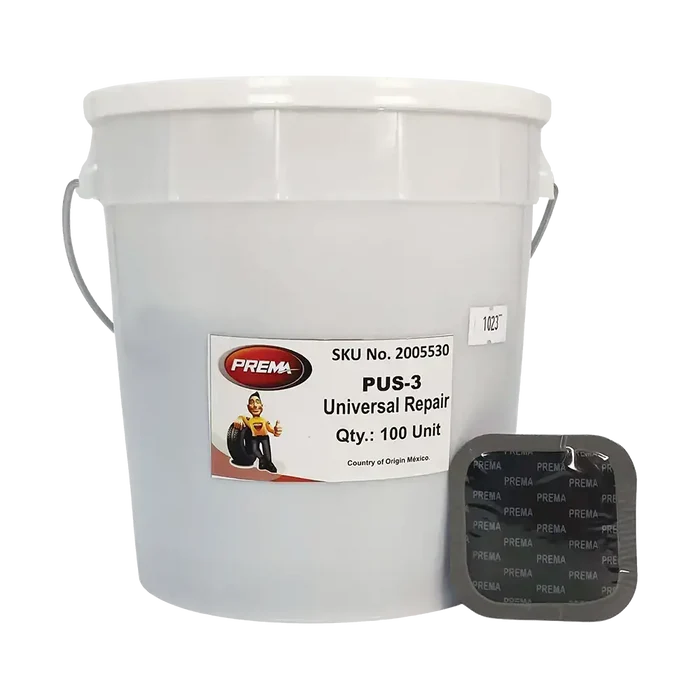 White bucket of Prema PUS-3 tire repair patches for repair unit patch needs