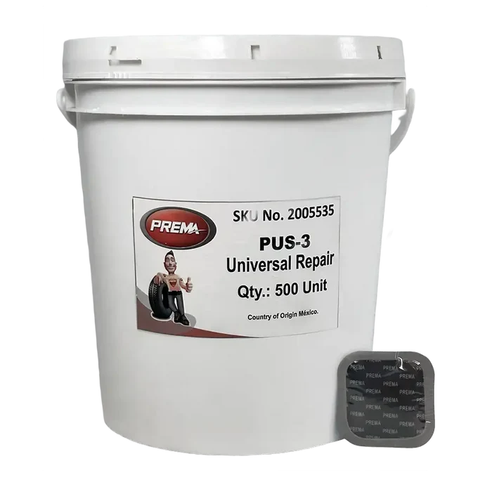White bucket with 500 Prema PUS-3 tire repair patches for quick tire repair