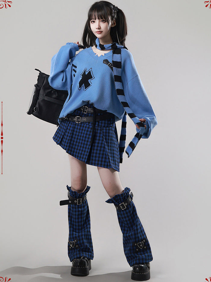 Punk Blue Plaid Belted Skirt