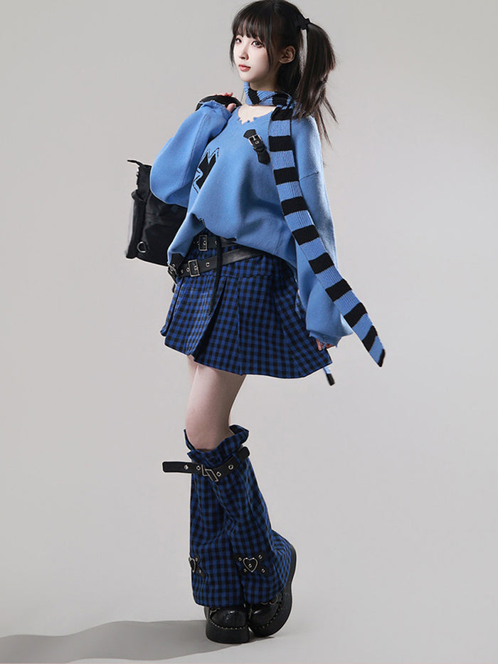 Punk Blue Plaid Belted Skirt