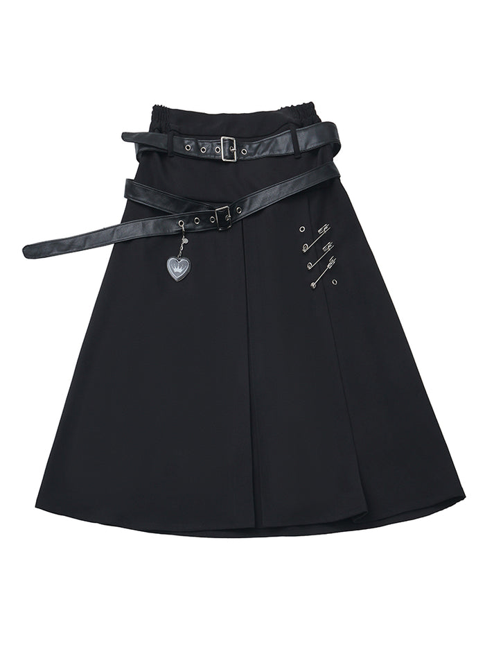 Punk Buckle Belted Safety Pin Skirt