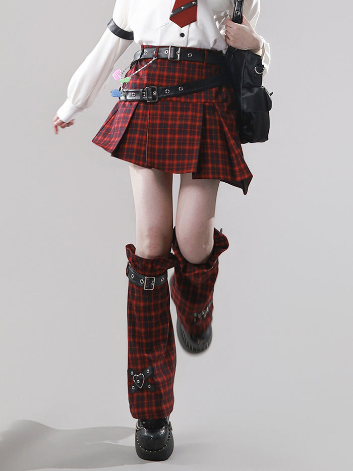 Punk Red Plaid Belted Skirt