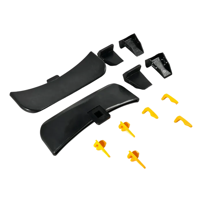 Black plastic mud flaps with yellow clips for Ranger Wheel Protection Kit