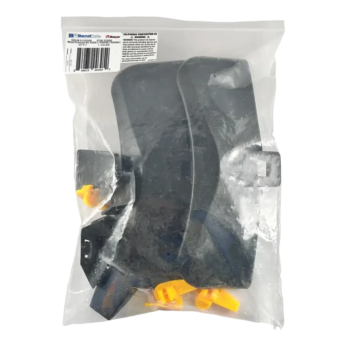 Black rubber rain boots with yellow buckle accents in a plastic bag for wheel protection kit