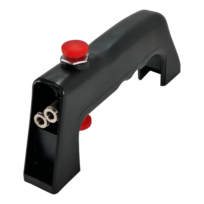 Black plastic gun-shaped device with a red button and two metal prongs at the front.