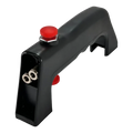 Black plastic gun-shaped device with a red button and two metal prongs at the front.