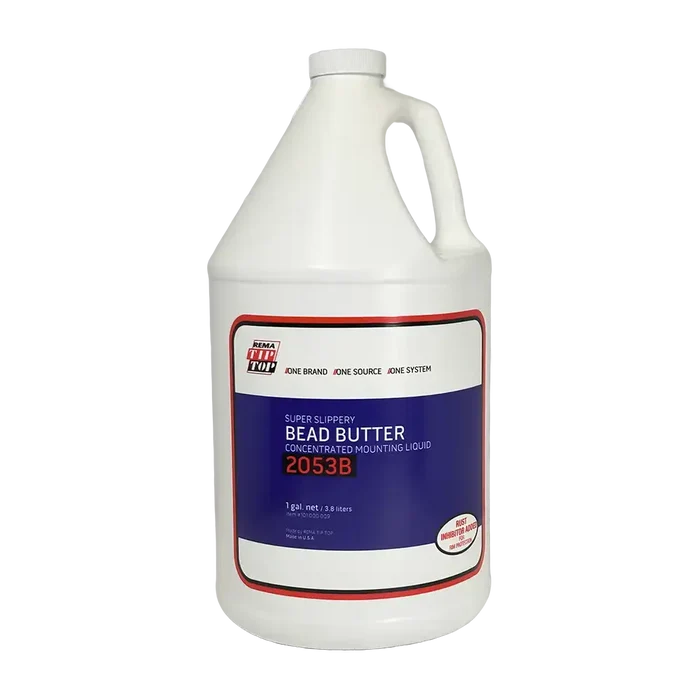 Gallon jug of Rema 2053B Bead Butter Blue concentrated extra slippery tire lubricant