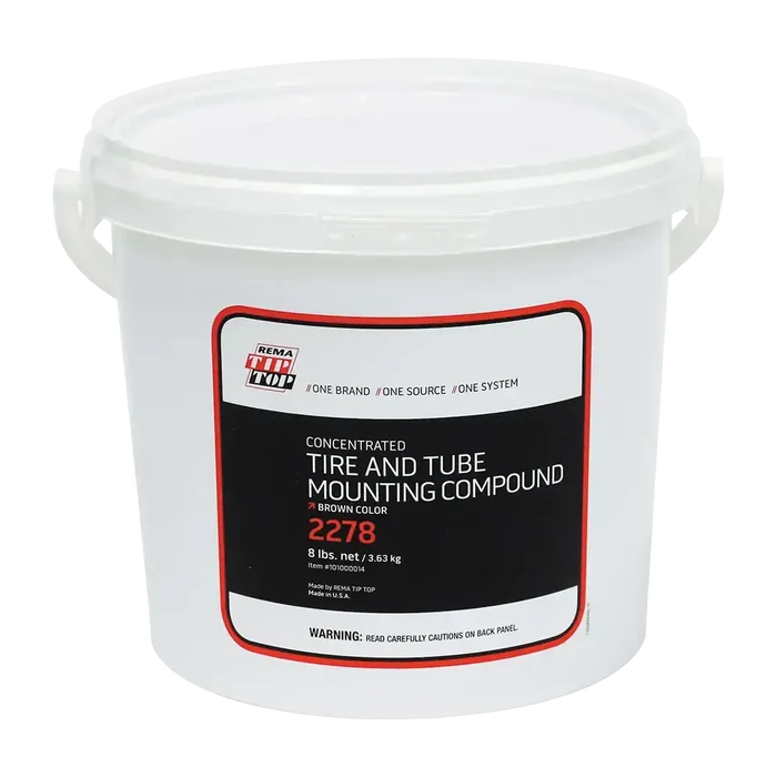 White bucket of Rema 2278 concentrated tire mounting compound for rubber tires
