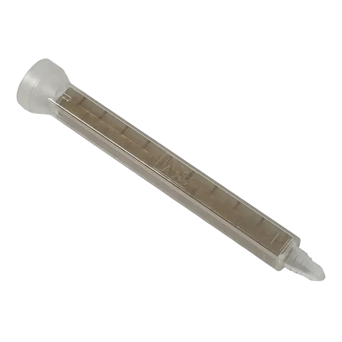 Transparent plastic syringe with silver rema GOO disposable mixing tip inside