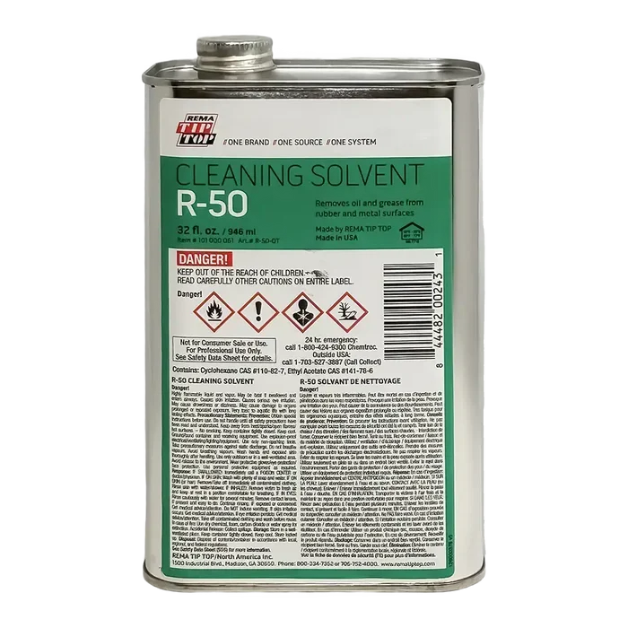 Metal can of Rema Tip Top R-50 Cleaning Solvent for hot splicing and conveyor belt repair