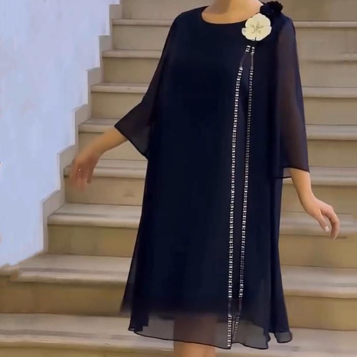 🌸✨【S-4XL】Dámske sieťované šaty s okrúhlym výstrihom a kvetinovým akcentom-SK