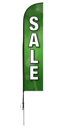 Green feather flag with bold white 'SALE' text for storefront promotion and advertising