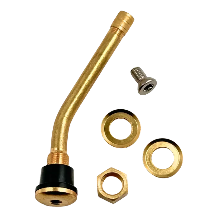 Gold Schrader 57010 heavy-duty TPMS valve stem with cap and hardware