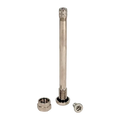 Silver thru-axle with threaded ends and hex nut for clamp-in TPMS valve hole