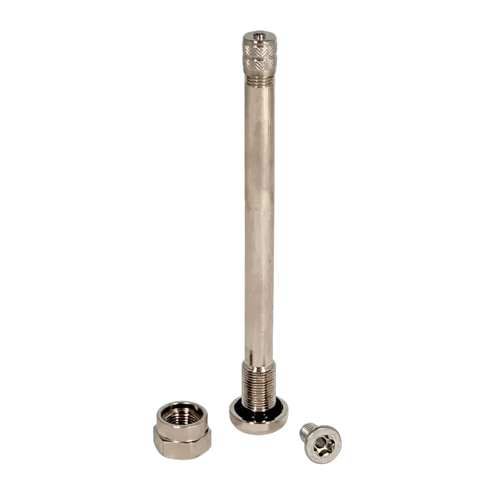 Silver thru-axle with threaded ends and hex nut for clamp-in TPMS valve hole