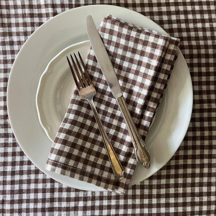 Tobacco Gingham Check Linen Tablecloth, 60" x 90" on a table at Addison West