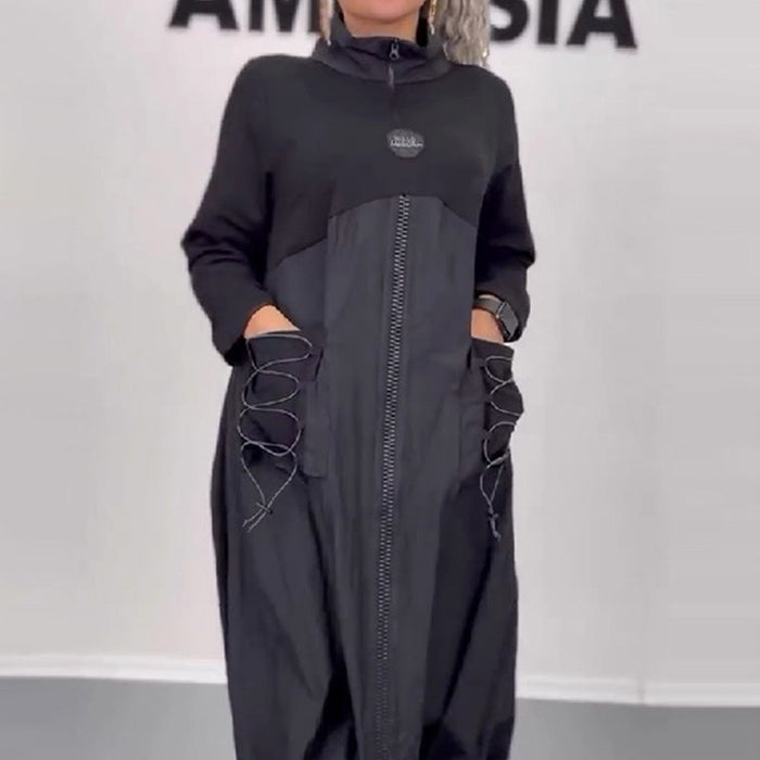 Vestido de manga larga con escote en pico y encaje👗-ES