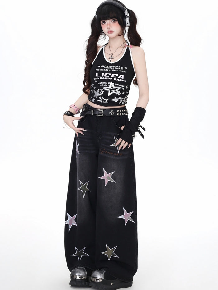 Vintage Grunge Camo Star Wide Leg Jeans