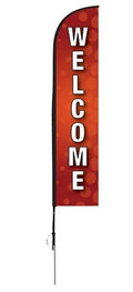 Red feather flag with bold white 'WELCOME' text for storefront advertising and customer attraction
