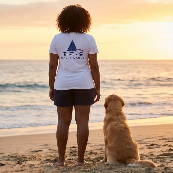 White NAUTI DAUGI T-SHIRT-NAVY BLUE LOGO