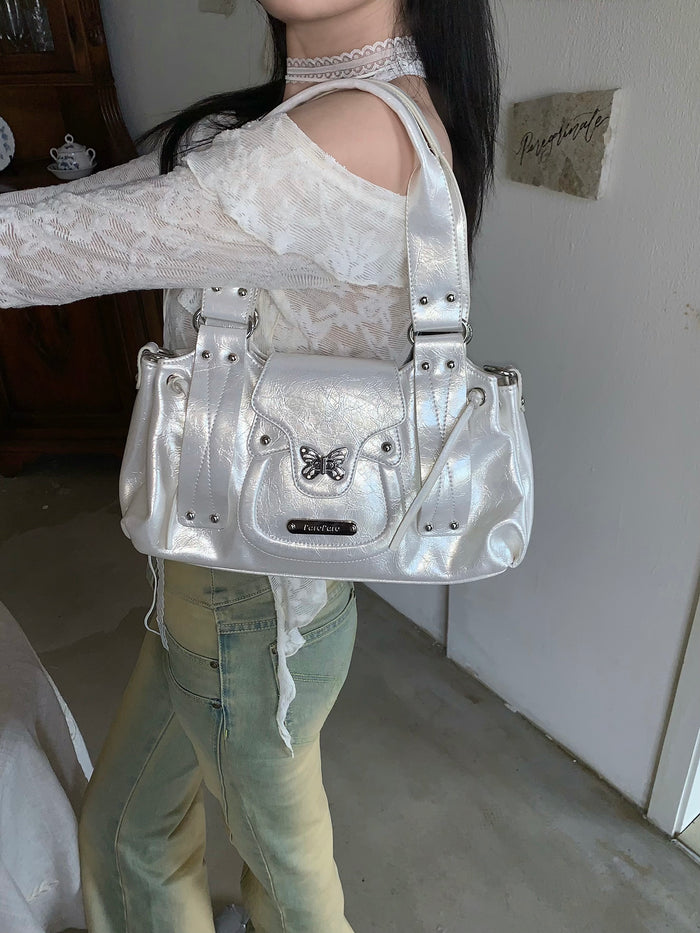 Y2K Metallic Silver Butterfly Biker Shoulder Bag