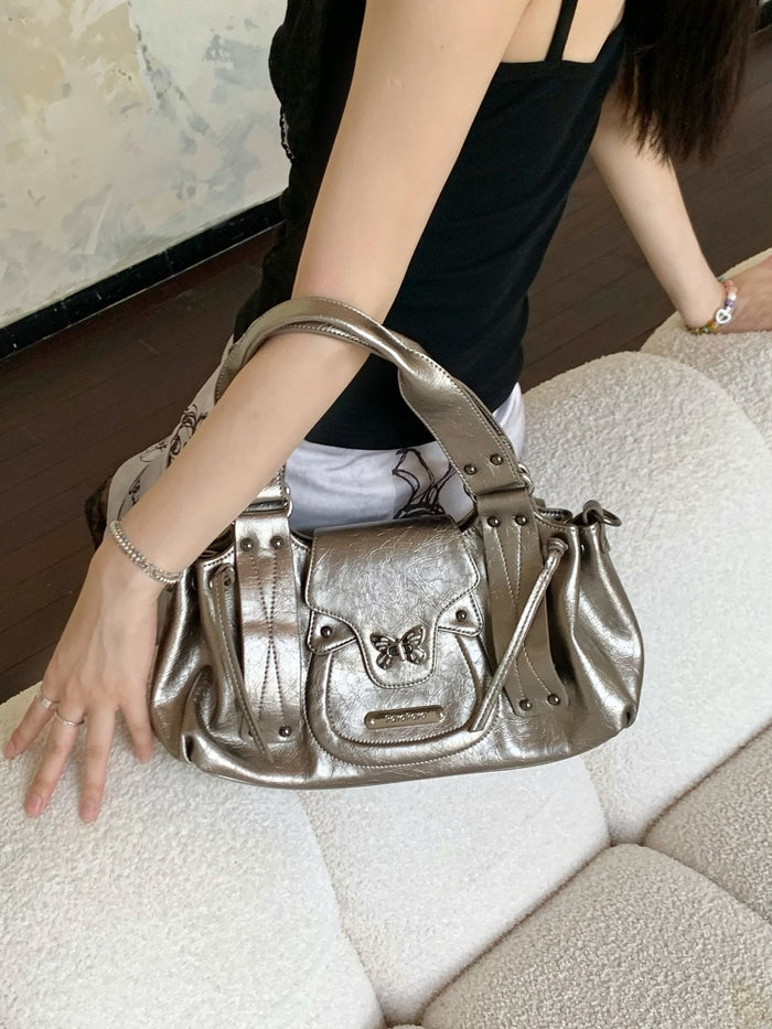 Y2K Metallic Silver Butterfly Biker Shoulder Bag