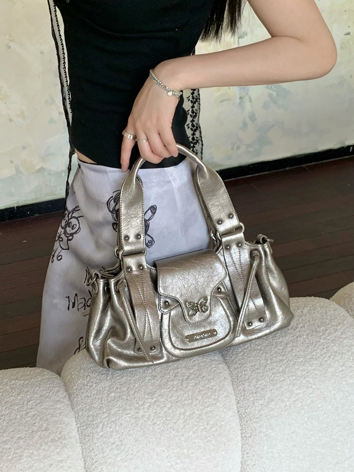 Y2K Metallic Silver Butterfly Biker Shoulder Bag