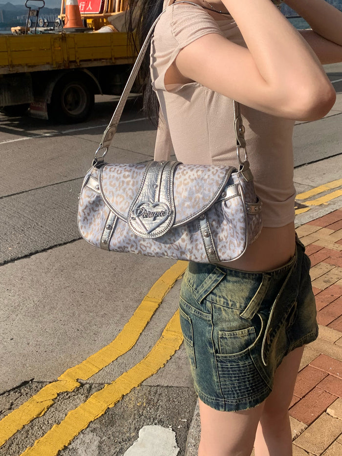 Y2K Retro Silver Leopard Studded Bag